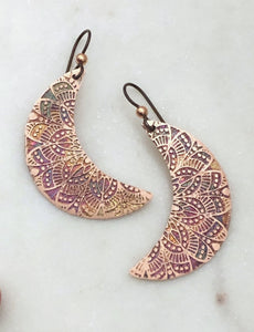 Acid etched copper moon earrings