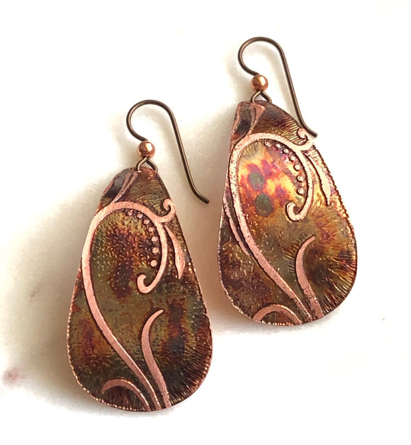 Acid etched copper large teardrop earrings