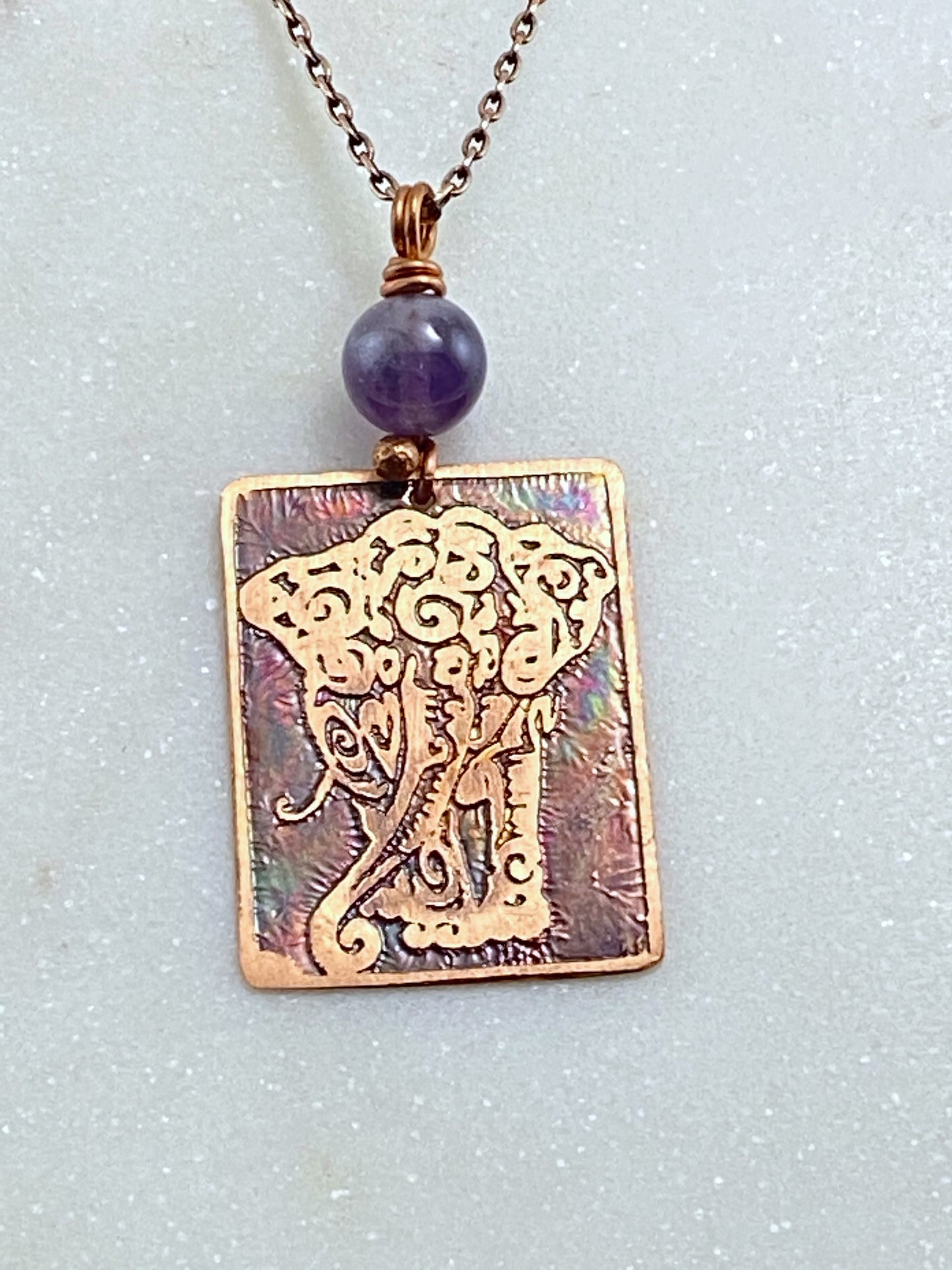 Acid etched copper elephant necklace with amethyst