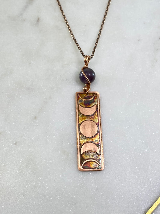 Acid etched copper moon phase necklace with amethyst