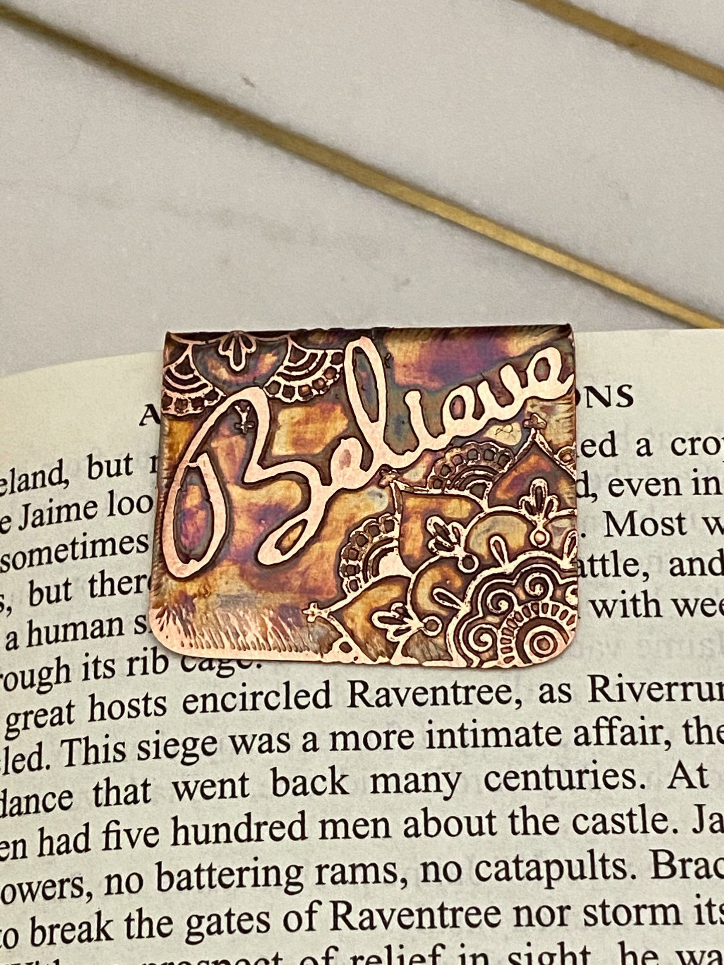 Acid etched copper Believe bookmark