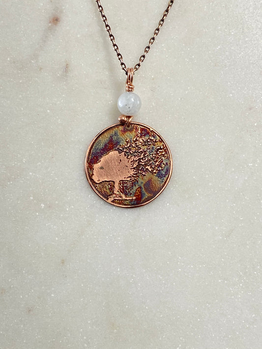 Acid etched copper tree necklace with moonstone
