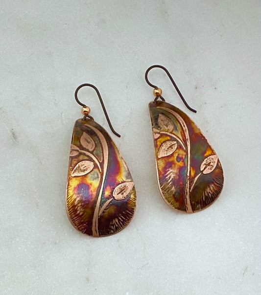 Acid etched copper leaf teardrop earrings