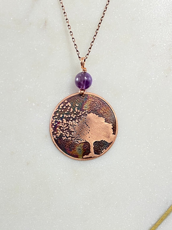 Acid etched copper tree with amethyst