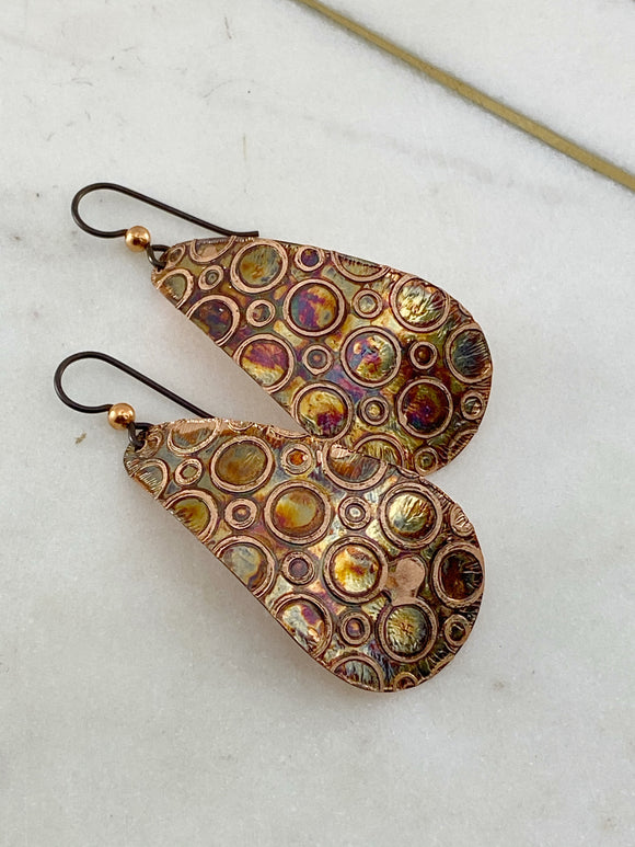Acid etched copper large teardrop earrings open dot