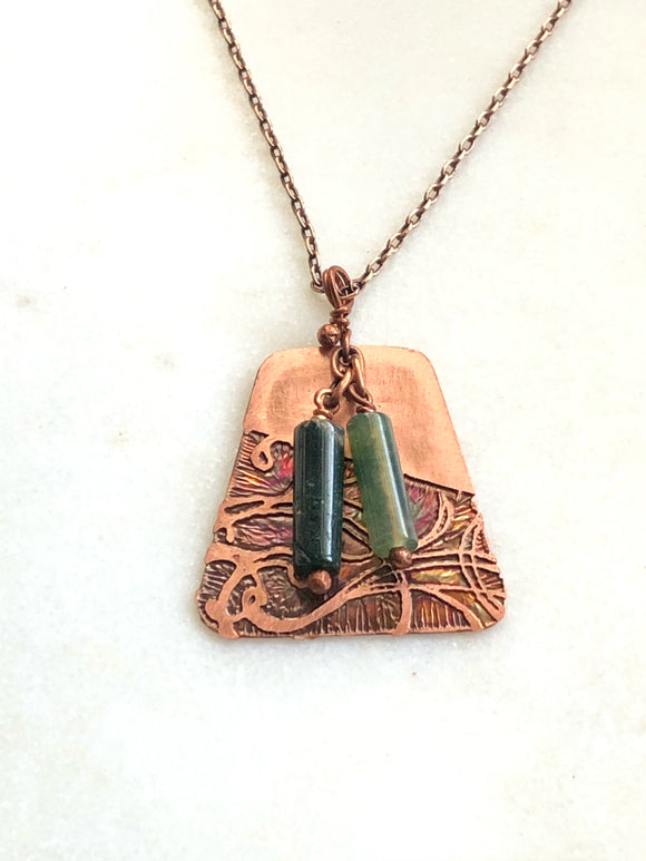 Acid etched copper swirl necklace with moss agate