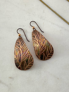 Acid etched copper teardrop earrings leaf