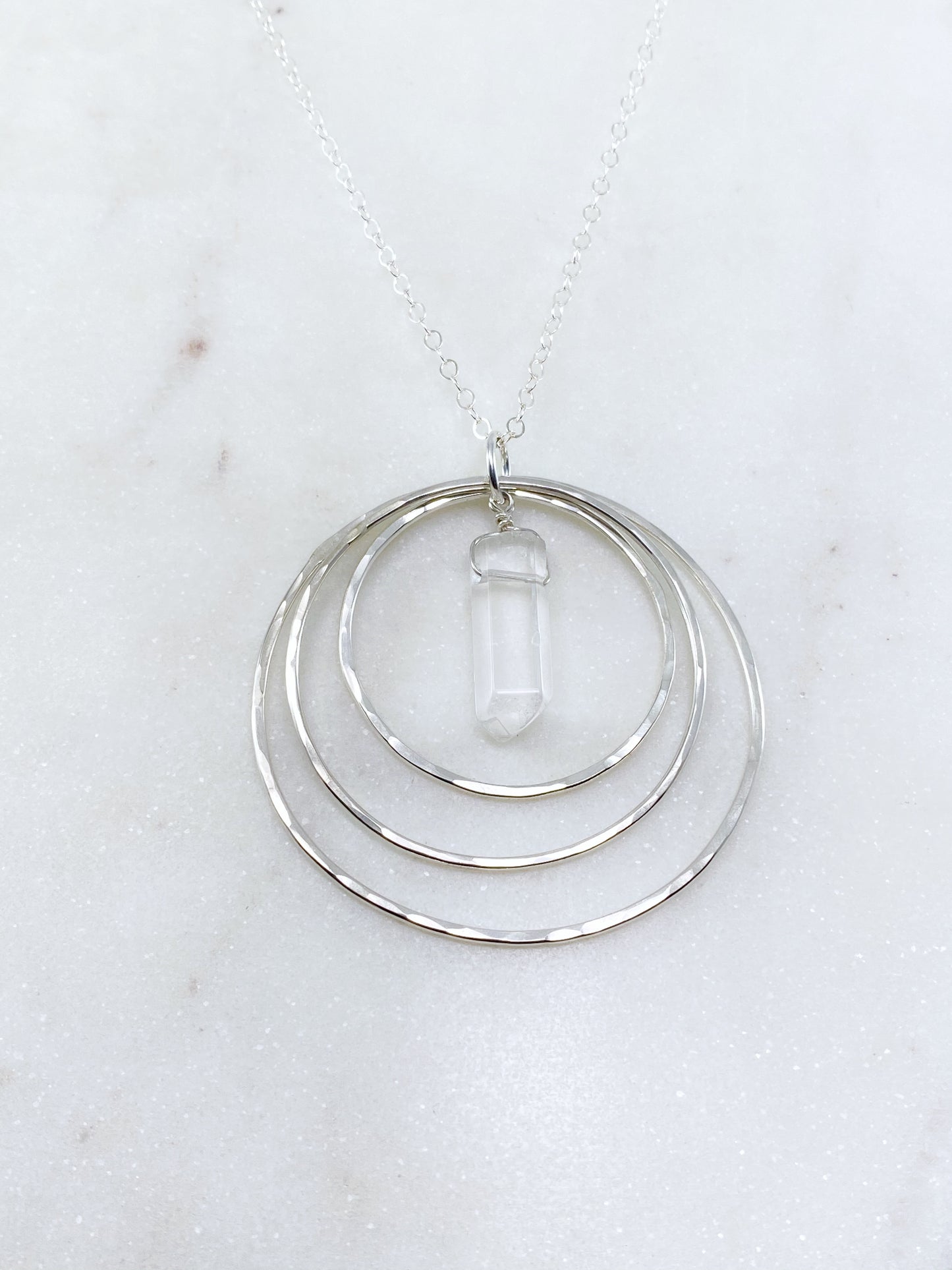 Sterling silver forged triple hoop necklace with quartz