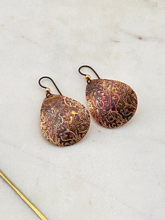 Acid etched copper swirl teardrop earrings