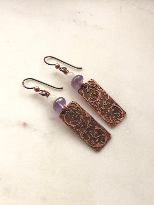 Acid etched copper swirl earrings with amethyst and moonstone gemstones