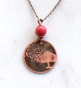 Acid etched copper blowing tree necklace with coral
