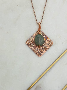 Acid etched copper swirl necklace with fancy jasper