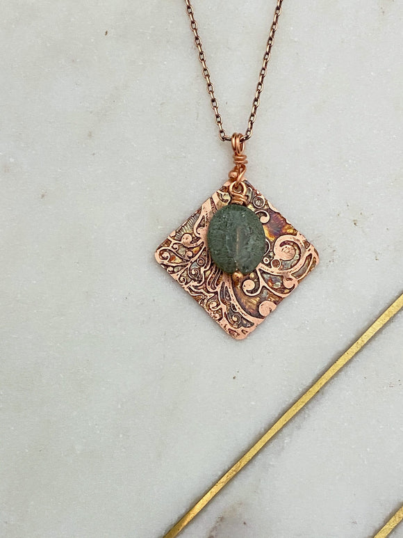 Acid etched copper swirl necklace with fancy jasper