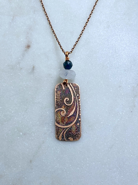 Acid etched copper swirl necklace with apatite and moonstone