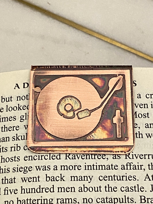 Acid etched copper record player bookmark