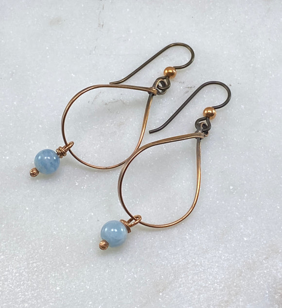 Copper medium teardrop earrings with aquamarine