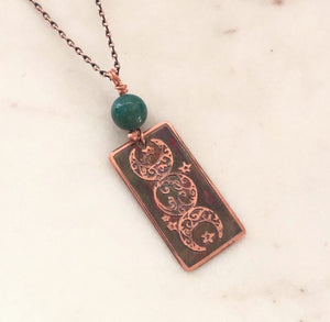 Acid etched copper moon necklace with amazonite