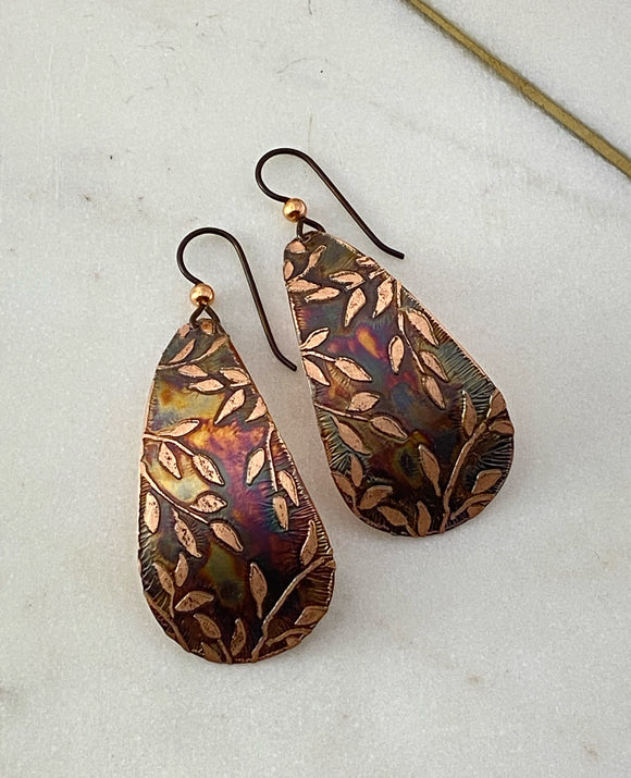 Acid etched copper leaves teardrop earrings