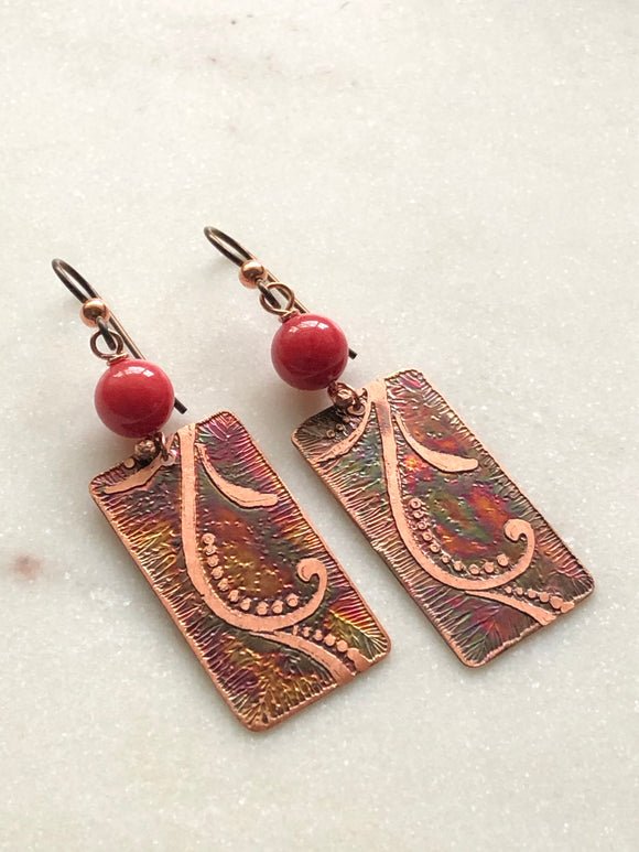 Acid etched copper earrings with coral gemstone