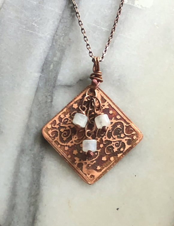 Acid etched copper necklace with moonstones