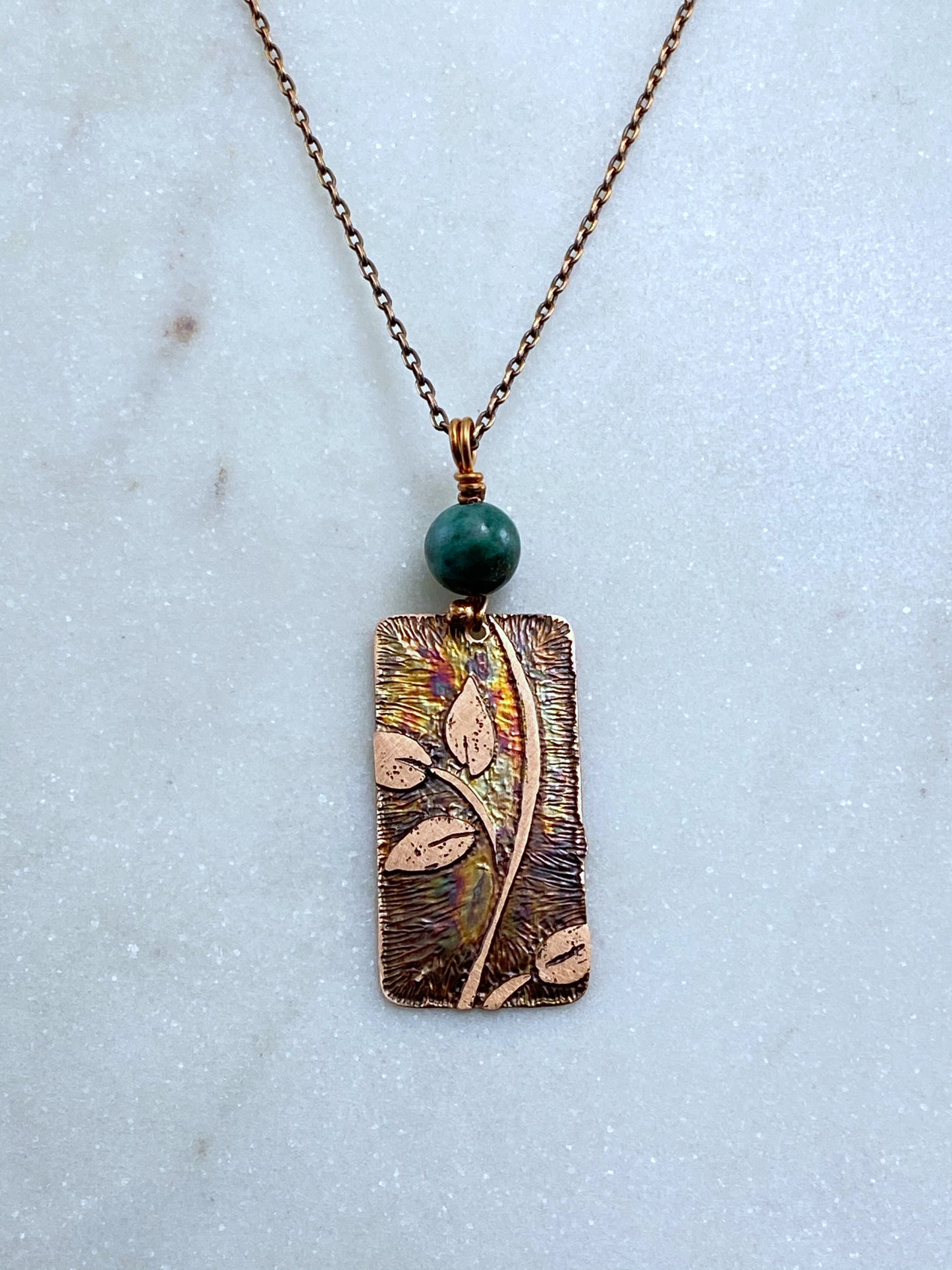 Acid etched copper leaf necklace with chrysocalla