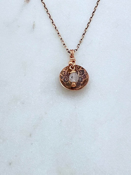 Acid etched copper mandala dish necklace with moonstone