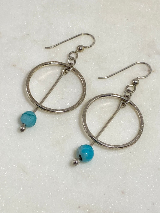 Sterling silver forged circle earrings with amazonite gemstones