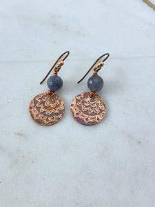 Acid etched copper mandala earrings with agate