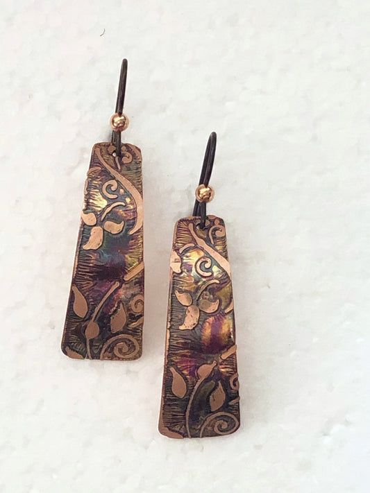 Acid etched copper irregular rectangle earrings