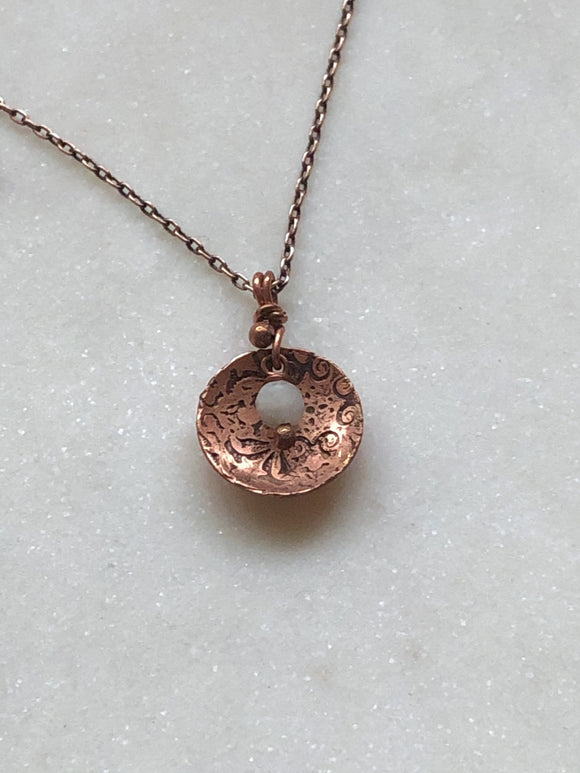 Acid etched copper dish necklace with moonstone