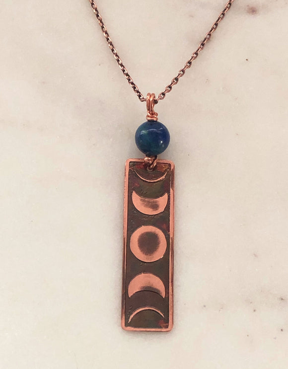 Acid etched copper moon phase necklace with azurite chrysocalla