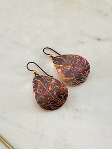 Acid etched copper swirl teardrop earrings