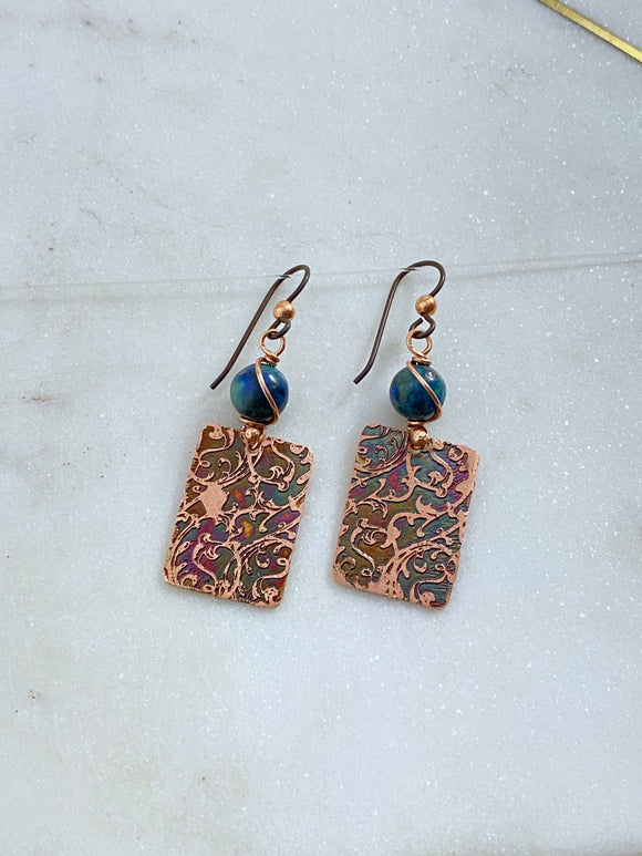 Acid etch copper earrings with azurite chrysocolla