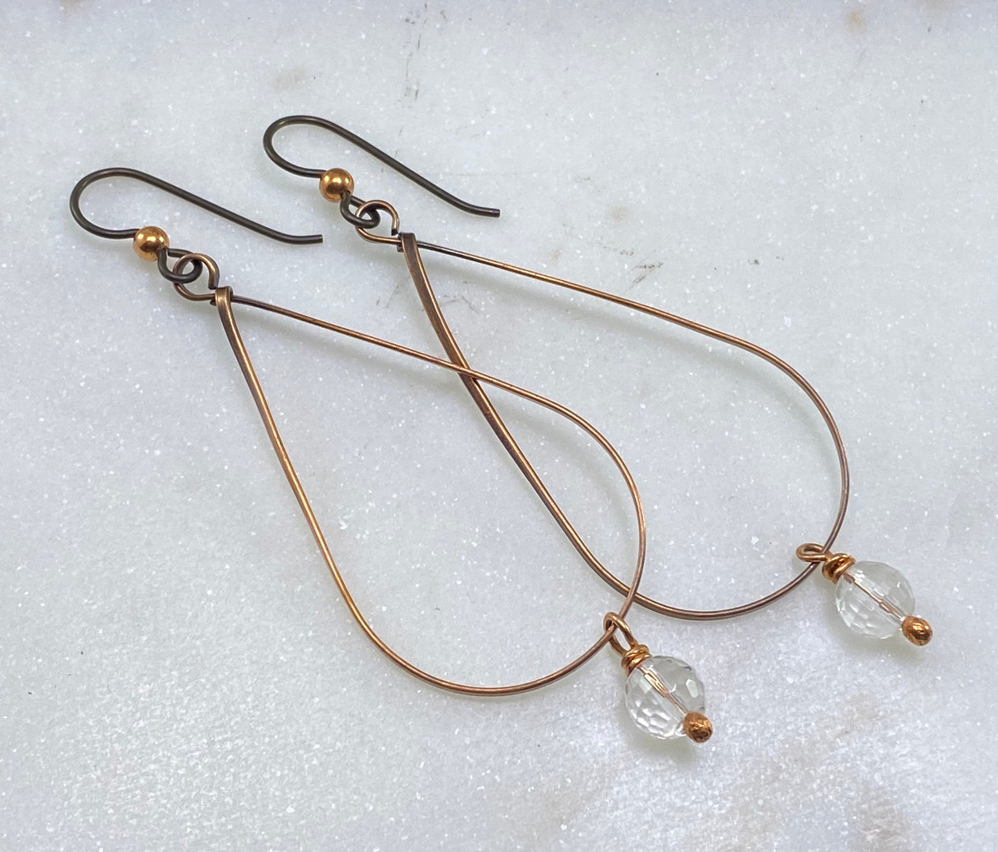 Copper large teardrop earrings with quartz gemstone