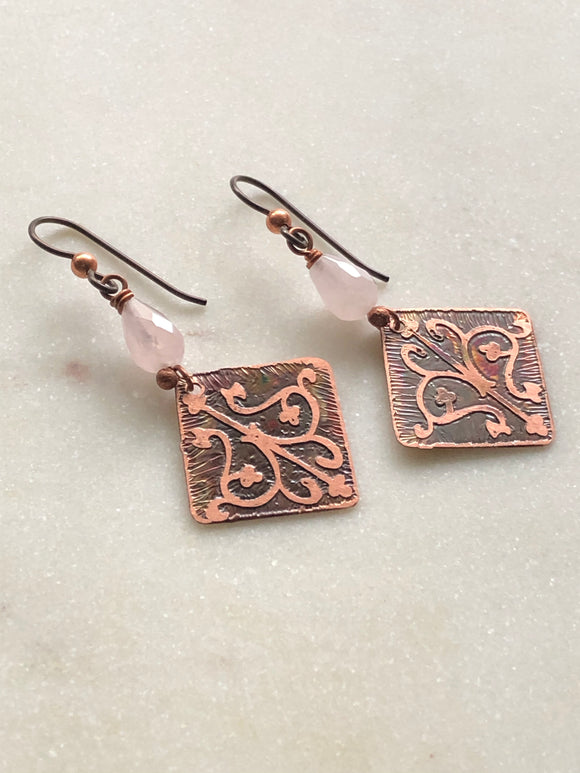Acid etched copper earrings with rose quartz
