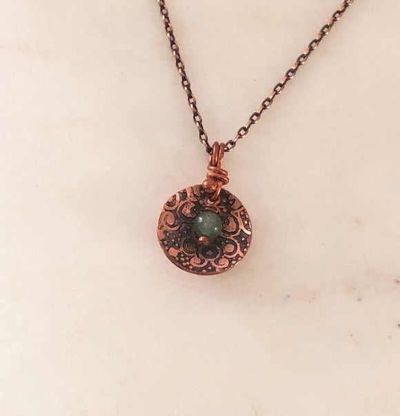 Acid etched copper dish necklace with aventurine
