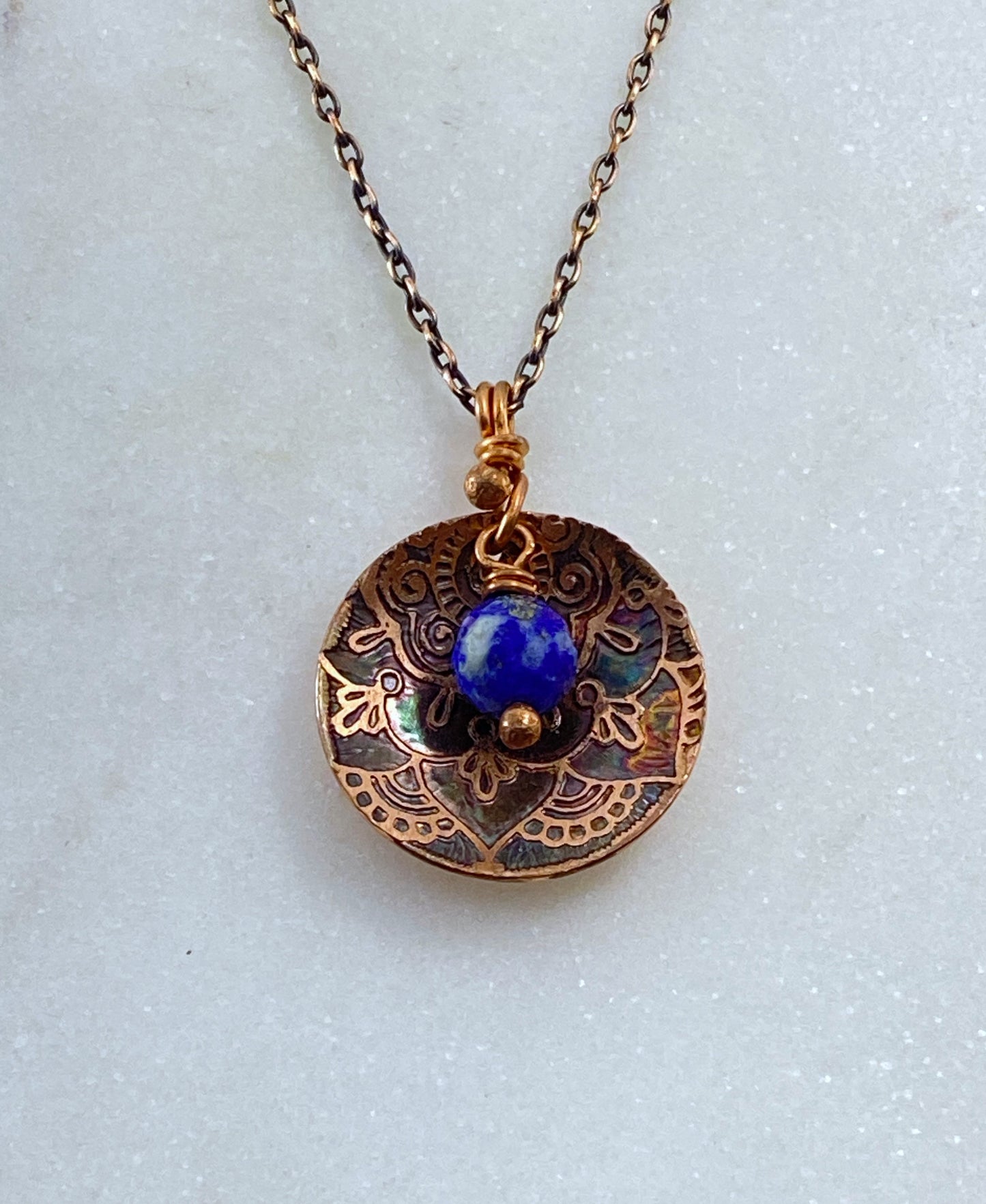 Acid etched copper mandala necklace with lapis