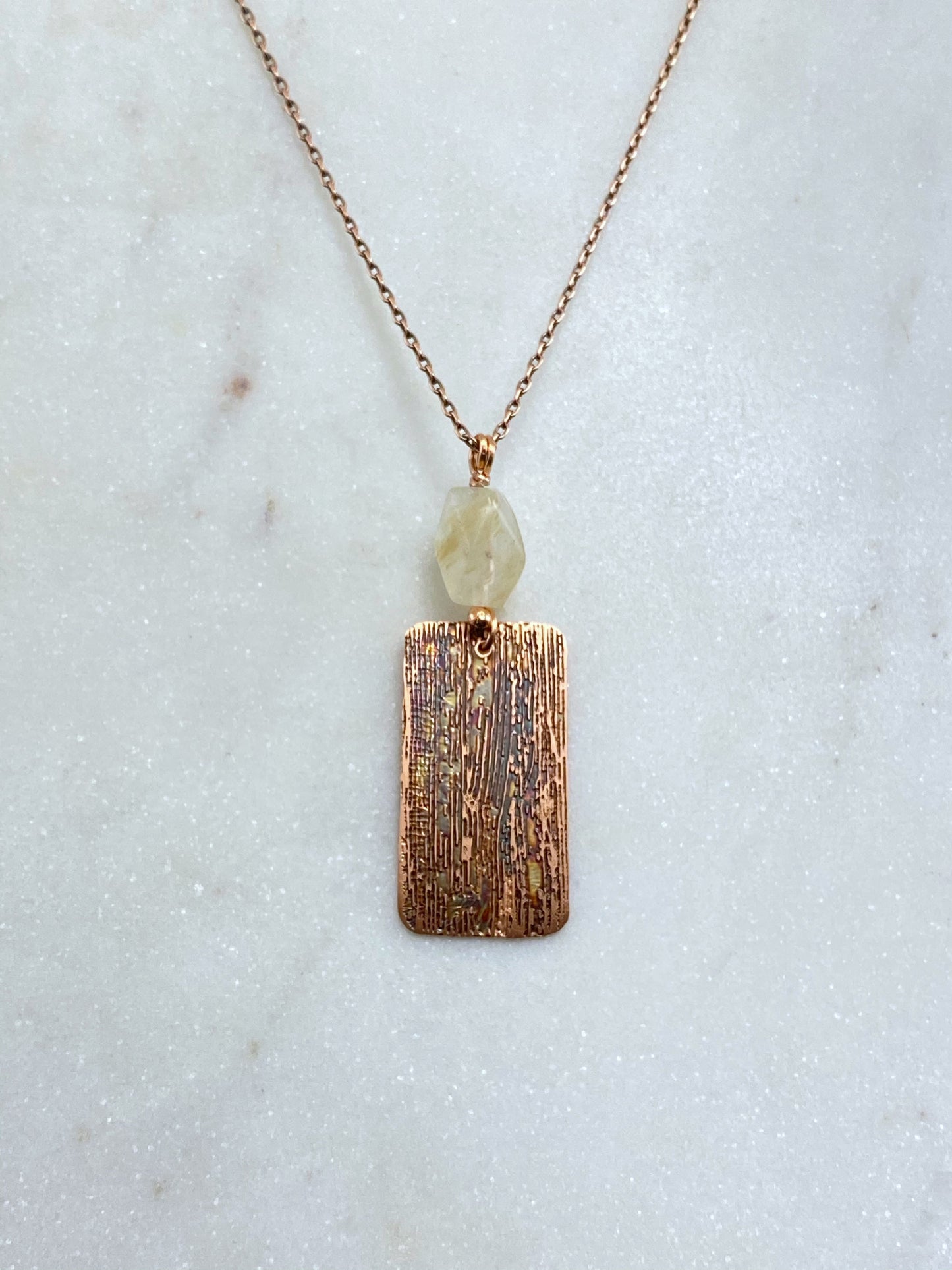 Acid etched copper necklace with quartz